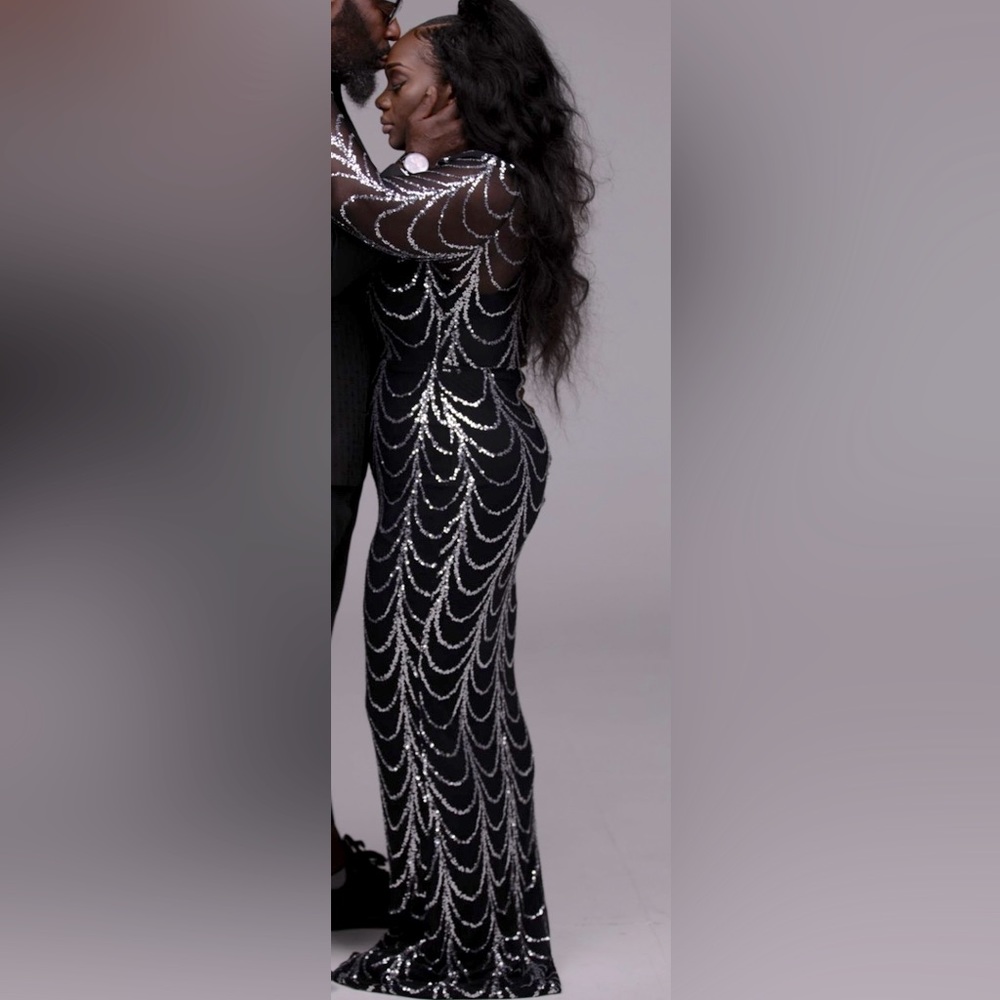 New Sheer black evening gown w/ silver sequins Worn for 10 min engagement shoot